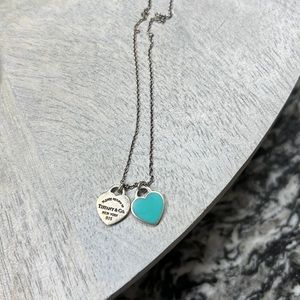 Tiffany & Co. Double Heart Tag Pendant (Blue) on 16” Sterling Silver Chain